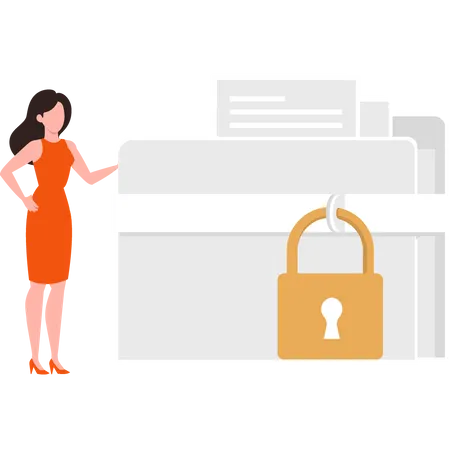 A Girl Standing With Locked Files Folder Illustration
