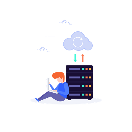 User Transferring data from cloud to server via laptop  Illustration