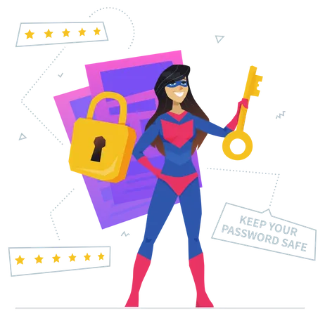 User Verification Metaphor Flat Design Style Vector Illustration Keep Your Password Safe Banner Element Smiling Woman In Hero Outfit Holding Key Cartoon Character Cybersecurity Security Measure Illustration