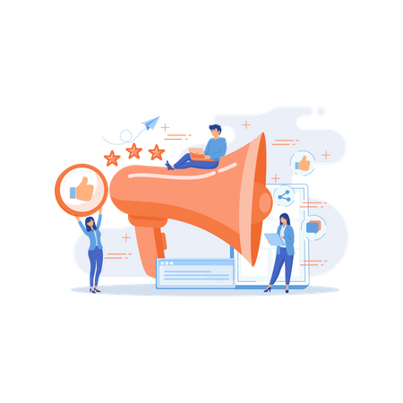 Users with like and share icons and megaphone  Illustration
