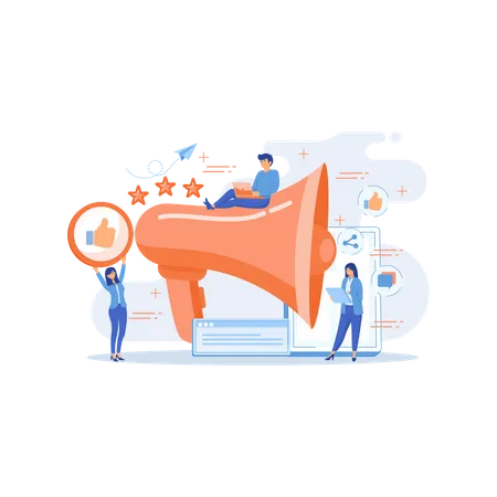 Users with like and share icons and megaphone  Illustration