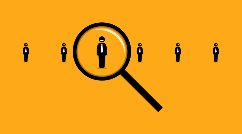 Using a magnifying glass searching for the right employee among many others job seeker Illustration