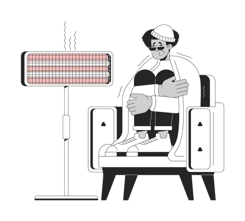 Using Electric Heater In Winter Black And White Cartoon Flat Illustration Shivering Man 2 D Lineart Character Isolated Keeping Warm In Extreme Cold Weather At Home Monochrome Vector Outline Image Illustration