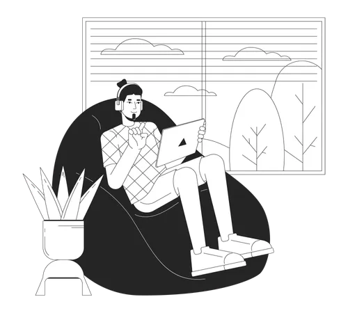 Using Online Streaming Platform On Tablet Black And White Cartoon Flat Illustration Beanbag Guy Watching Video Headphones 2 D Lineart Character Isolated Leisure Monochrome Scene Vector Outline Image Illustration