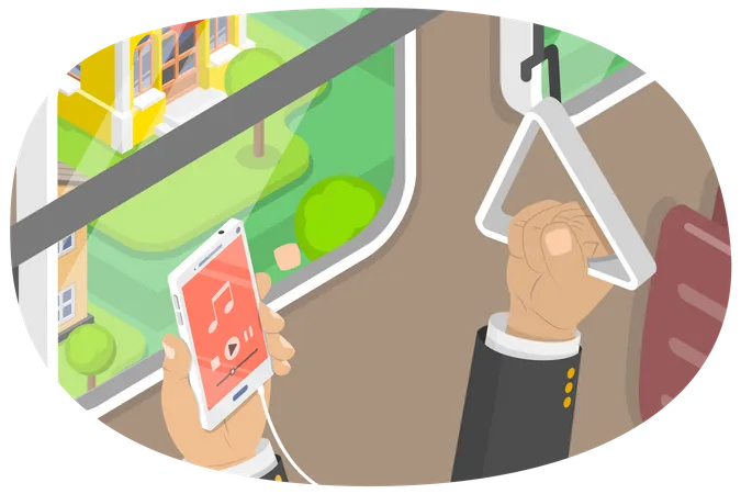 3 D Isometric Flat Vector Conceptual Illustration Of Using A Smartphone In A Public Transport Inside An Urban Vehicle Illustration