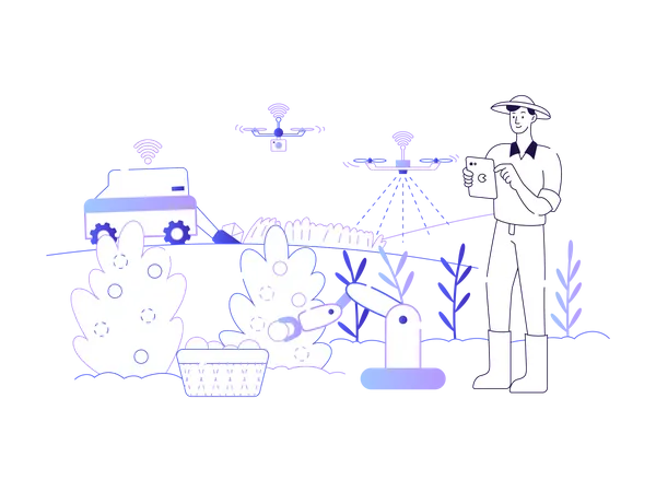 Tecnologia inteligente usada pelo agricultor moderno  Ilustração