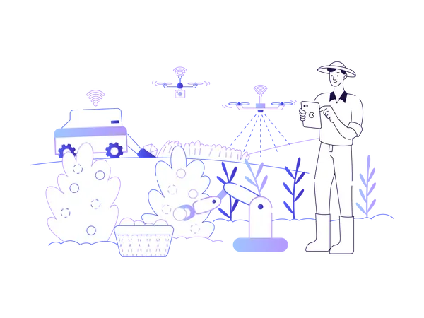 Technologie intelligente utilisée par un agriculteur moderne  Illustration