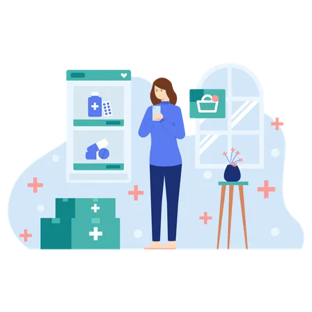 Une femme utilise l'application de pharmacie en ligne  Illustration