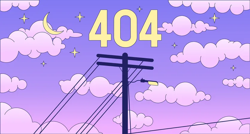 Utility Pole On Dreamy Night Sky Error 404 Flash Message Electrical Cable Empty State Ui Design Lofi Background Page Not Found Cartoon Image Vector Flat Illustration Concept Synthwave Aesthetics Illustration