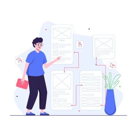 Designer UX apresentando o fluxo do usuário  Ilustração