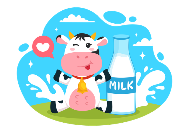 Vaca com garrafa de leite  Ilustração