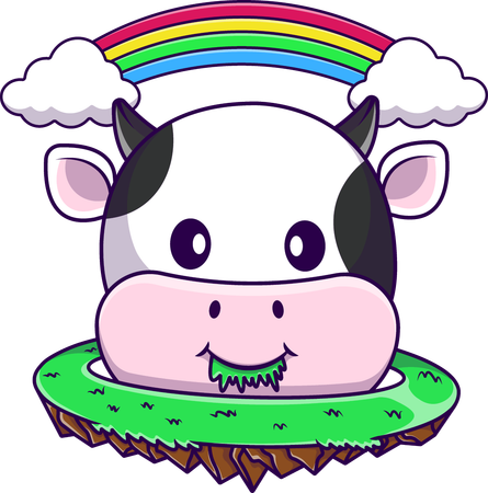 Vaca comiendo hierba con nube de arcoiris  Ilustración