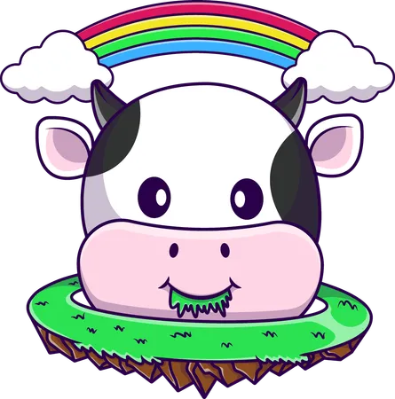 Vaca comiendo hierba con nube de arcoiris  Ilustración