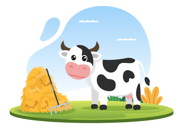 Vaca de pie en la granja  Ilustración