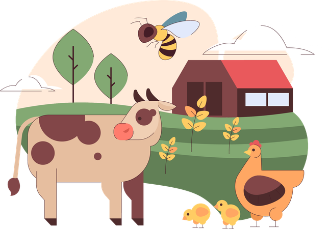 Vaca e galinha na granja avícola  Ilustração