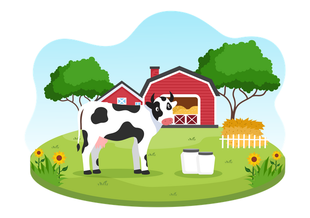 Vaca en granja rural  Ilustración