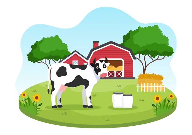 Vaca en granja rural  Ilustración