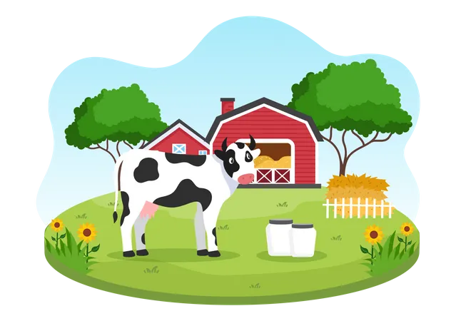 Fotos De Vacas Leiteiras Com Vista Para Um Prado Ou Uma Fazenda No Campo Para Comer Grama Em Um Estilo Simples De Ilustracao Ilustração