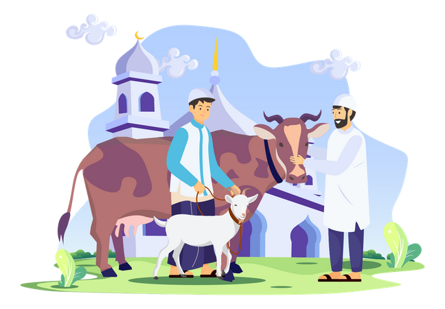 Homem muçulmano negociando vaca  Ilustração
