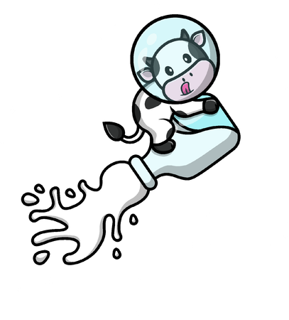 Vaca volando con botella de leche en el espacio  Ilustración
