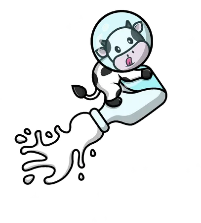 Vaca volando con botella de leche en el espacio  Ilustración