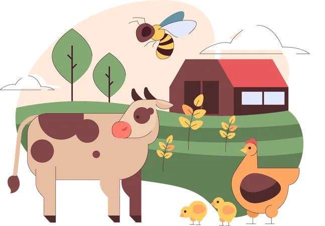 Vaca y pollo en granja avícola  Ilustración