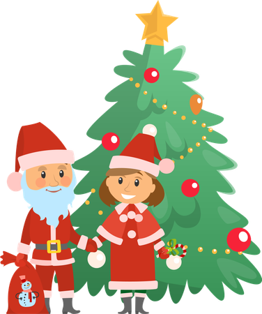 Se acercan las vacaciones de Navidad, Papá Noel junto al árbol  Ilustración