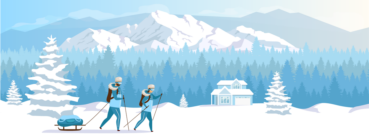 Vacaciones en la estación de esquí  Ilustración