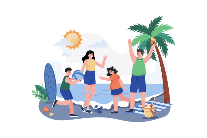 Vacaciones familiares en la playa  Ilustración