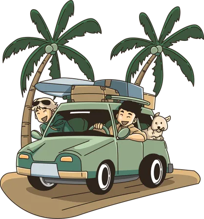 Vacances avec votre partenaire à la plage en voiture  Illustration