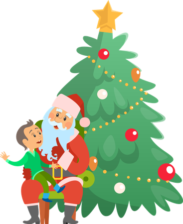 Vacances de Noël Père Noël et petit garçon sur les genoux  Illustration