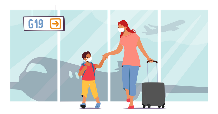Vacances en famille et voyages. Mère et petit enfant avec bagages dans un bâtiment moderne du terminal de l'aéroport en attente de vol  Illustration