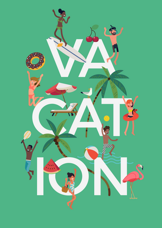Vacation poster with happy people enjoying beach summertime Illustration