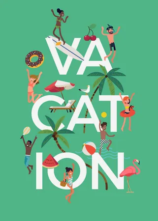 Vacation poster with happy people enjoying beach summertime  Illustration