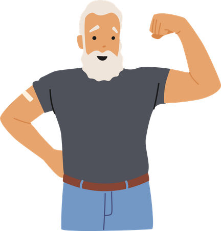 Vaccinated old man feeling strong  イラスト