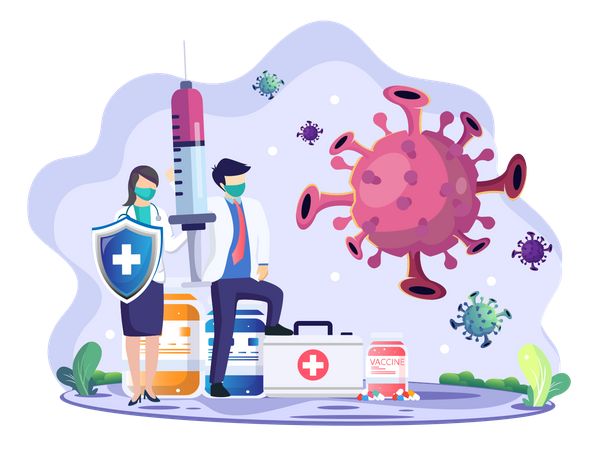 Vaccination Concept Vector Illustration, Doctors With Injections Are Fighting Against The Covid-19 Coronavirus, Flat Vector Template  Illustration