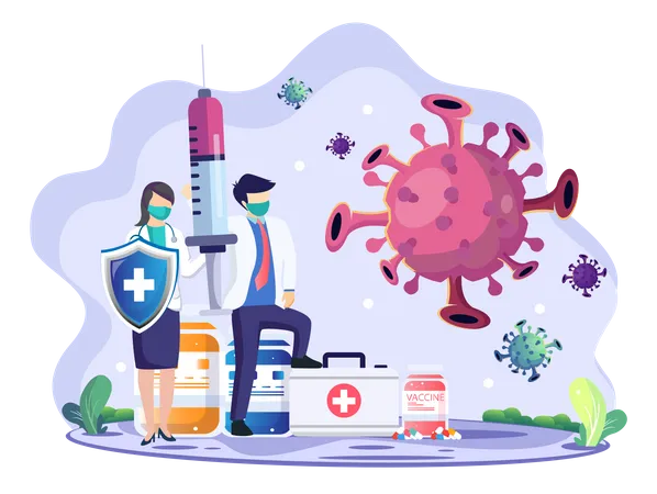 Vaccination Concept Vector Illustration, Doctors With Injections Are Fighting Against The Covid-19 Coronavirus, Flat Vector Template  Illustration