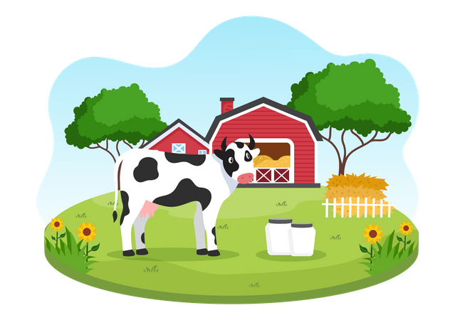 Vache dans une ferme de campagne  Illustration