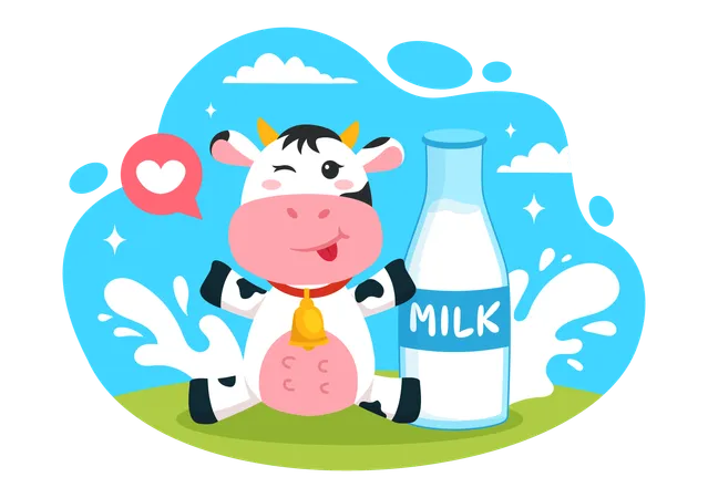 Vache avec bouteille de lait  Illustration
