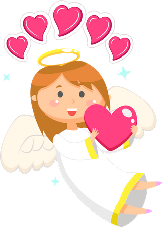Valentine angel with wings holding pink hearts  Illustration