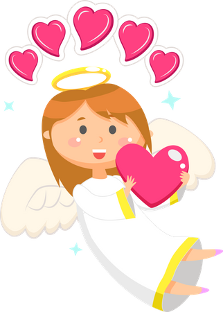 Valentine angel with wings holding pink hearts  Illustration