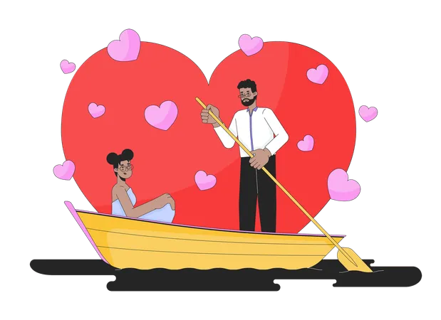 Valentines Day On Water 2 D Linear Illustration Concept African American Heterosexual Couple Cartoon Characters Isolated On White Black Man Rowing Paddle Metaphor Abstract Flat Vector Outline Graphic Illustration