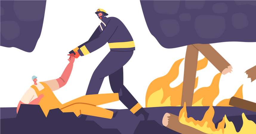 Valiente rescatista salva a un minero atrapado durante un desgarrador incendio en una mina de carbón  Ilustración