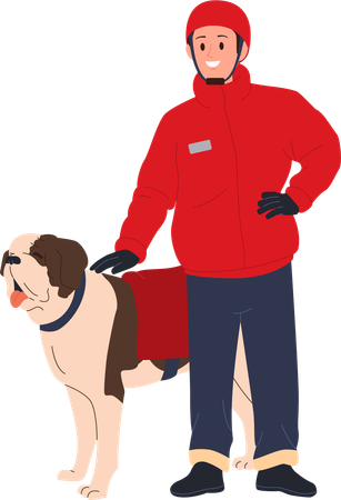 Valiente rescatista de invierno con perro usando arnés asistente de pie listo para ayudar  Ilustración