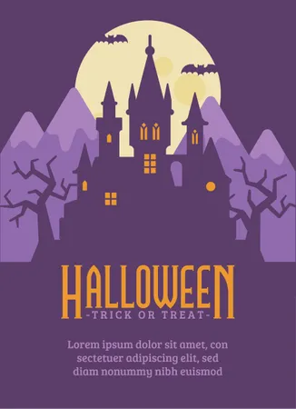 Vampire Castle In The Mountains Halloween Flat Illustration Trick Or Treat Dark Gothic Fantasy Background Halloween Silhouette Flyer Illustration