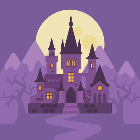 Vampire Castle In The Mountains Halloween Flat Illustration Trick Or Treat Dark Gothic Fantasy Background Illustration