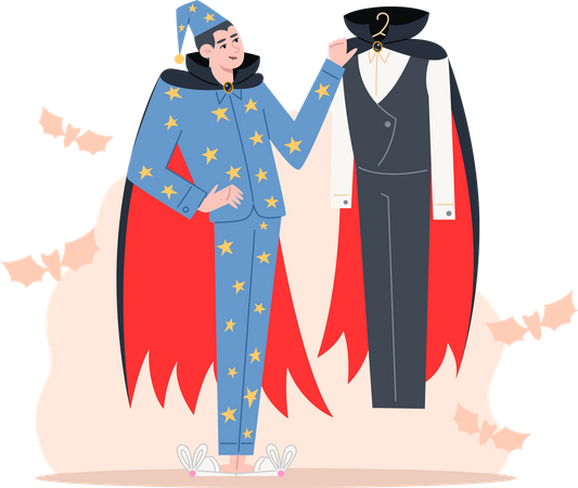 Vampire in pajamas about to try on his costume  Illustration