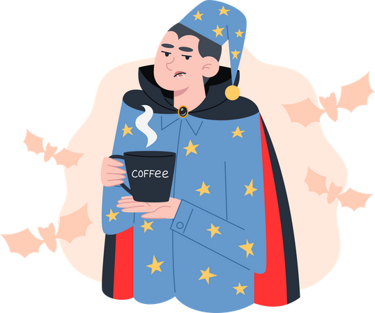 Vampire in pajamas drinking coffee  Illustration