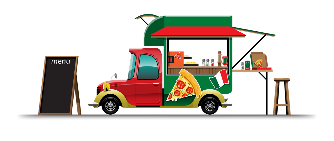 Van de comida com menu de pizza  Ilustração