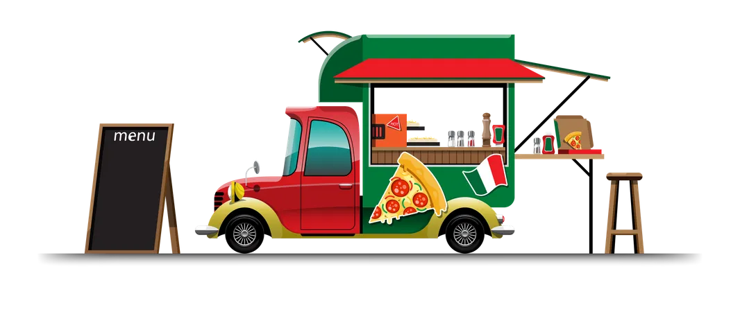 Van de comida com menu de pizza  Ilustração